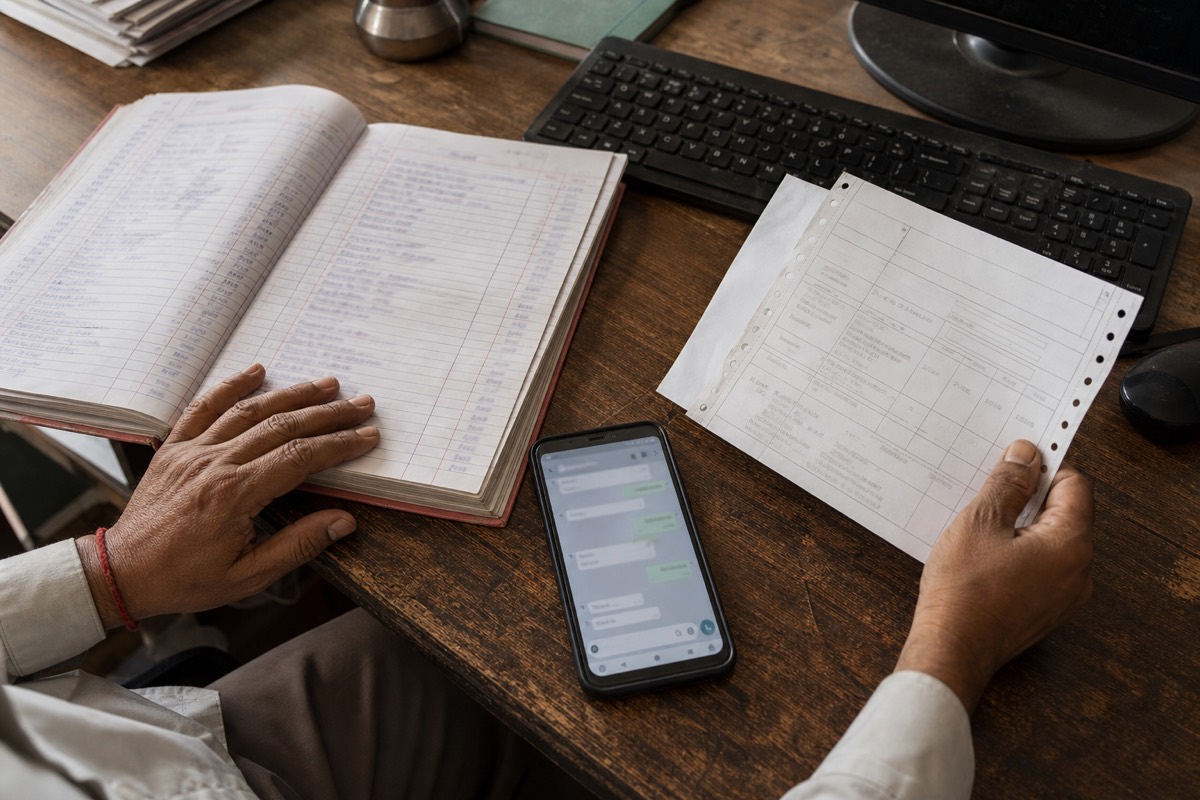 Hands comparing an order register, a chat message and a printed order slip on a desk.