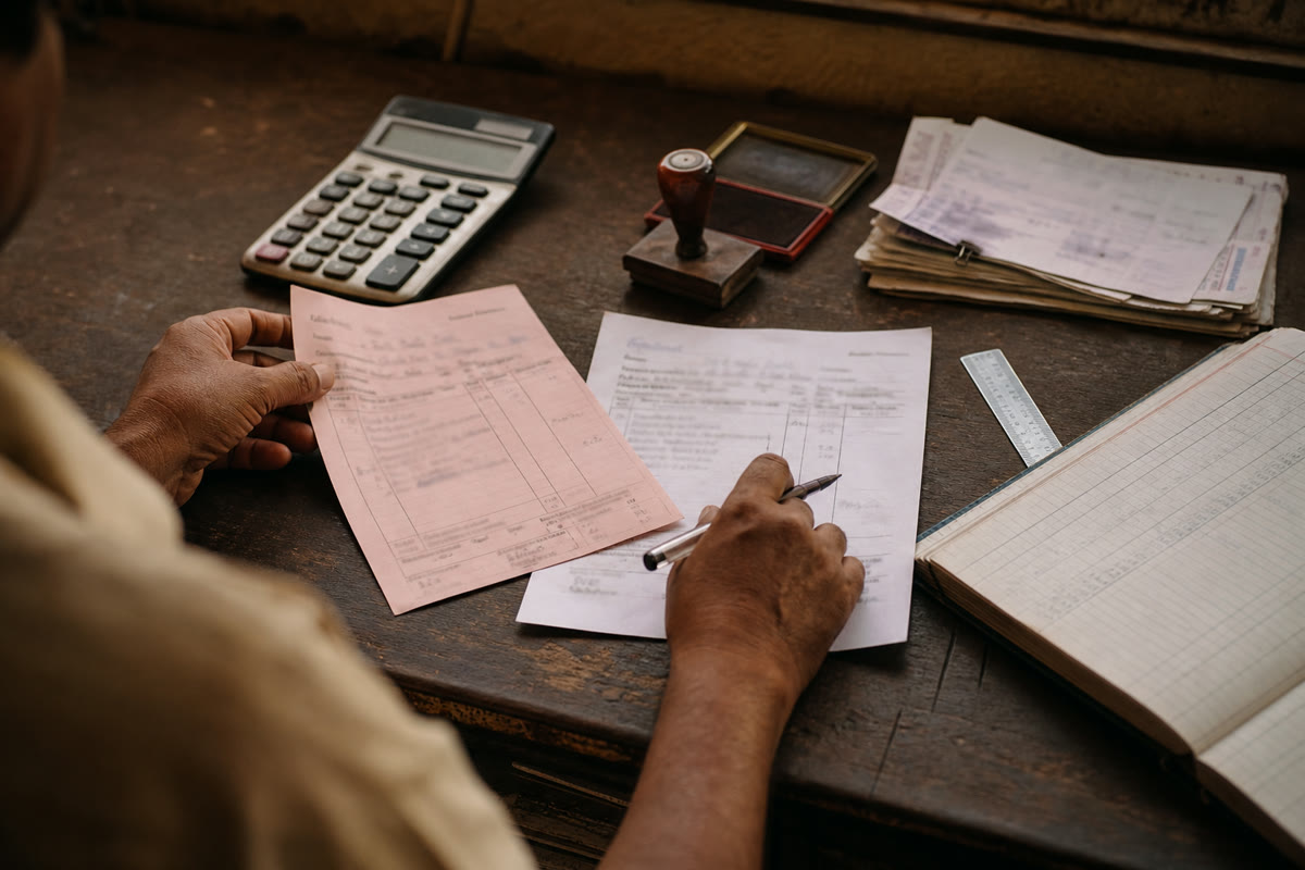 An accounts desk with supplier invoices being checked by hand.