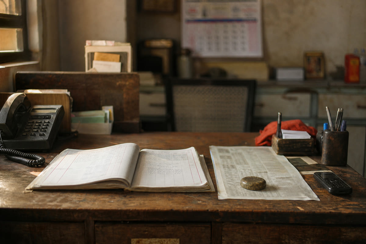 A sales desk with a phone, order book and printed rate list.