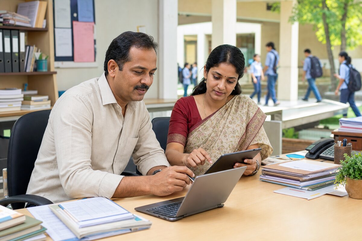An administrator and teacher coordinating information in a school office.