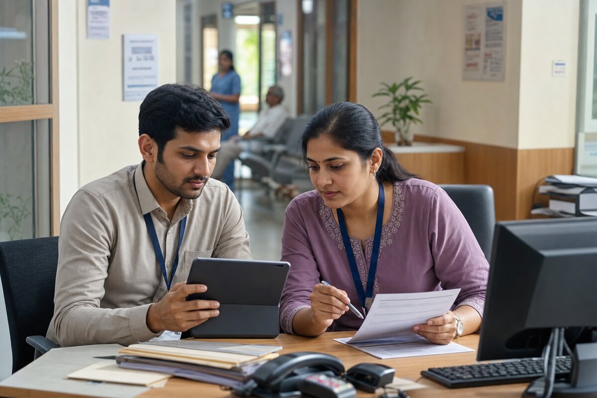 Two healthcare operations staff coordinating records and schedules at a clinic workstation.