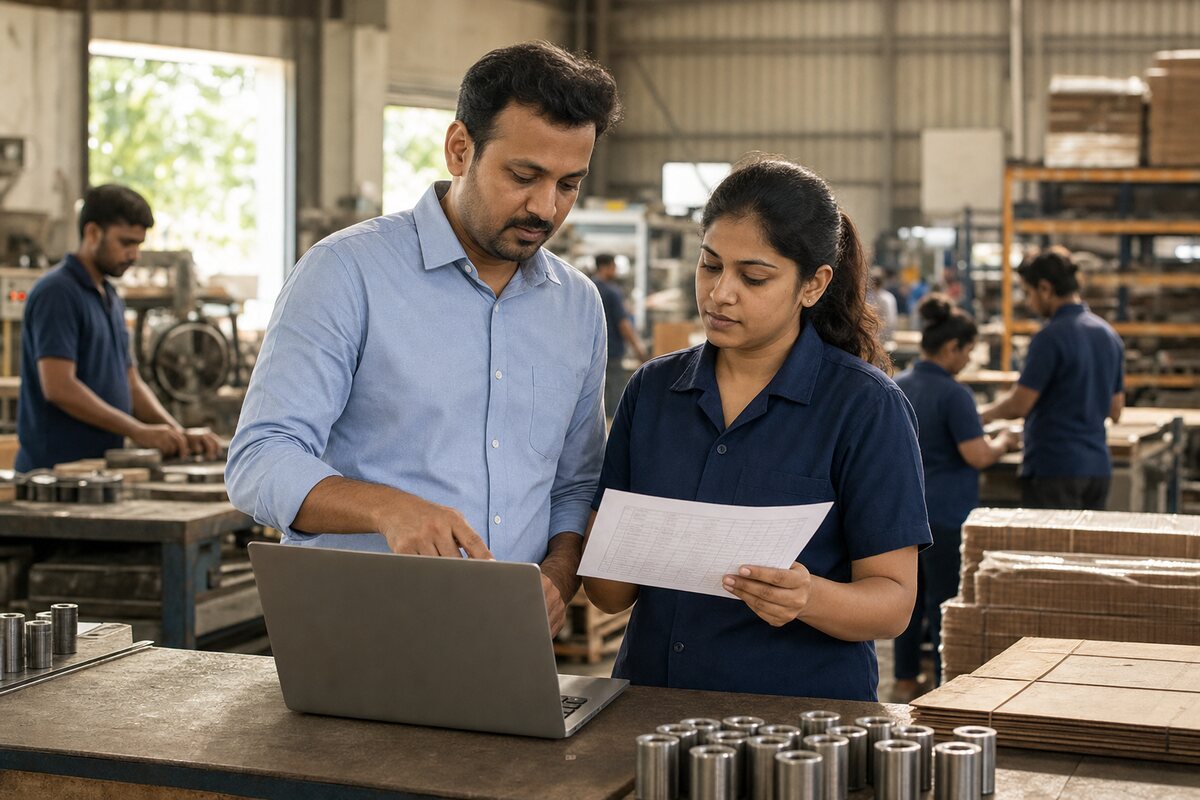 An operations lead and floor supervisor reviewing a production workflow together in a working factory.