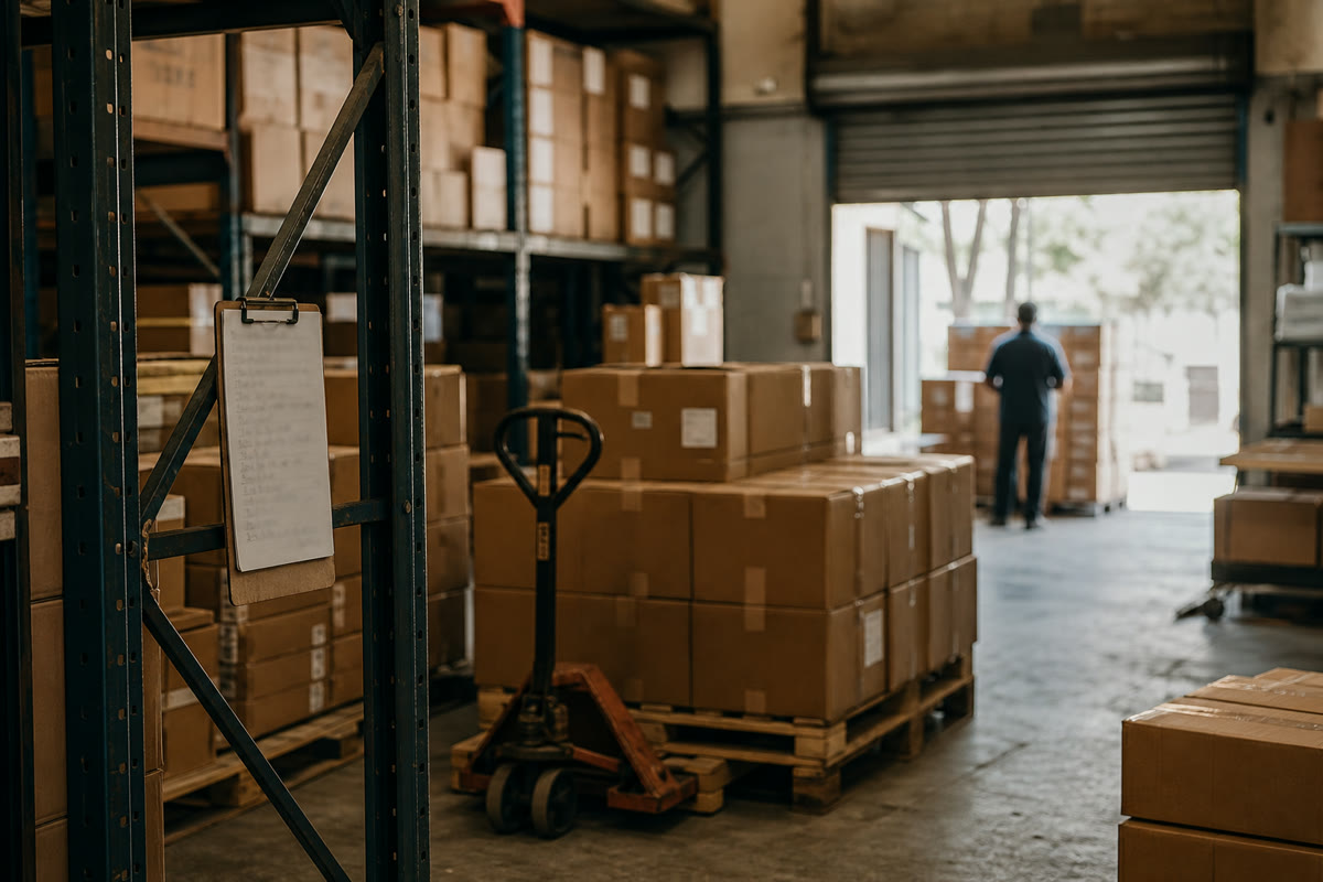 Warehouse racking with packed cartons staged for dispatch.