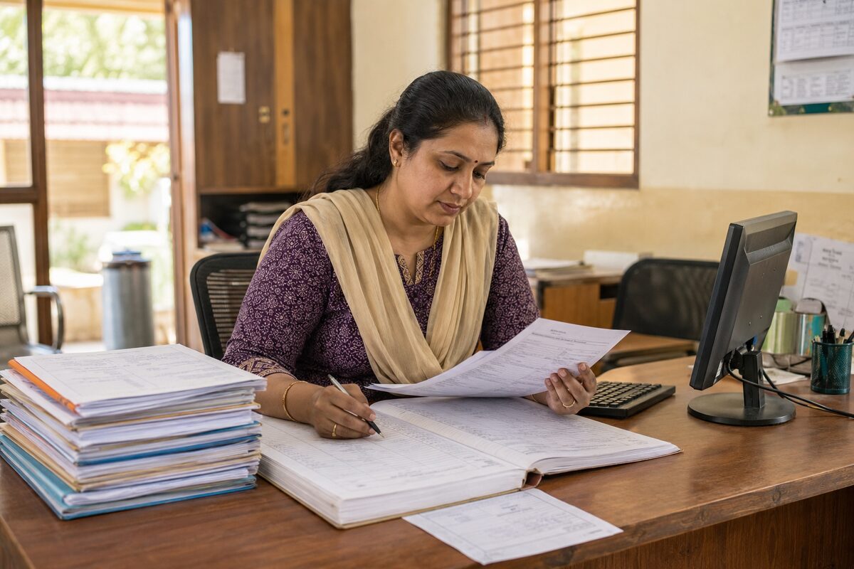 A school office staff member reviewing admission forms beside an attendance register and computer.