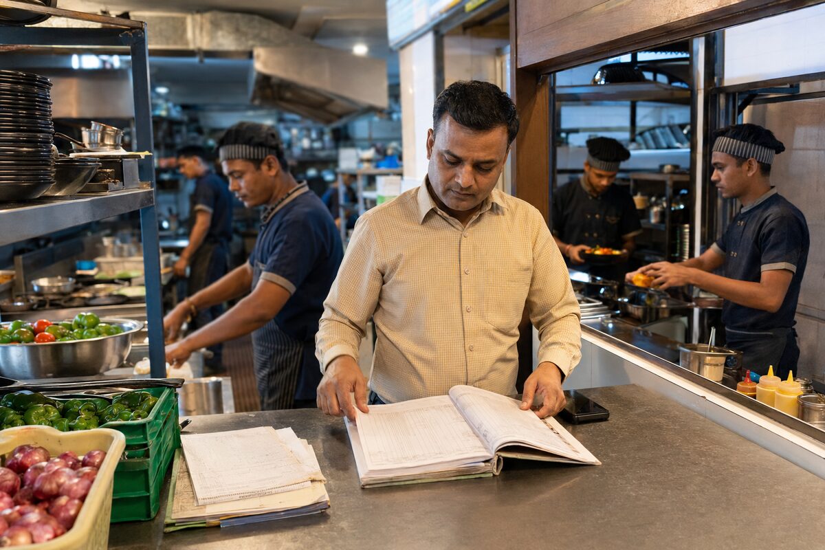 A restaurant manager checking an order register while kitchen staff prepare service.