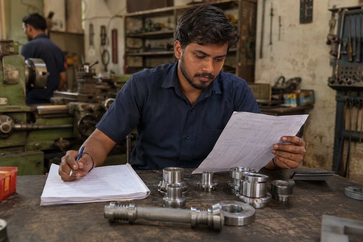 An engineering workshop technician comparing production notes with machined components.