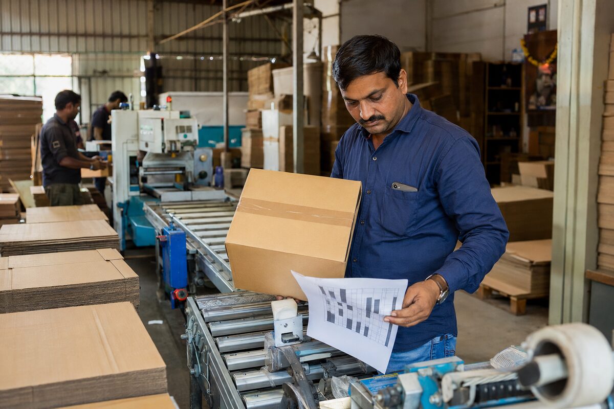 A packaging supervisor checking a carton against a production sheet beside a packing line.
