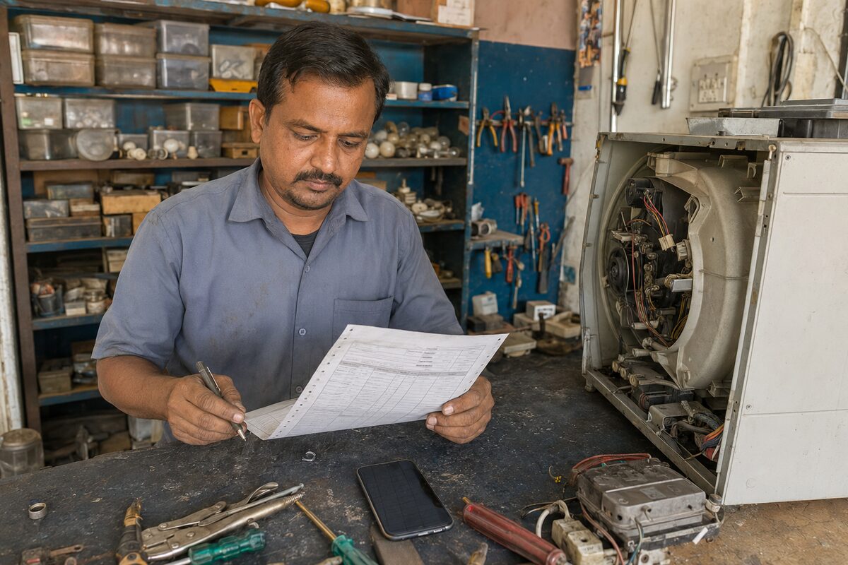 A repair technician checking a service job card beside an opened appliance.