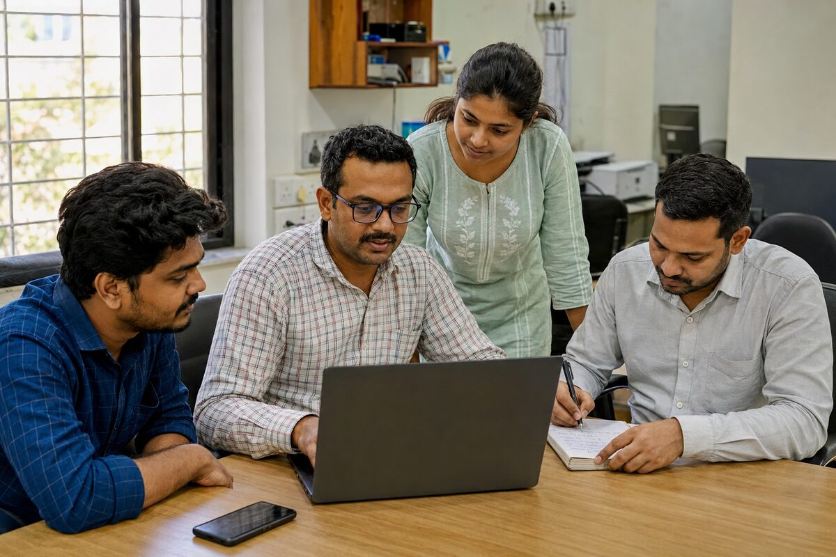 A small software support team reviewing a customer issue together in a local office.