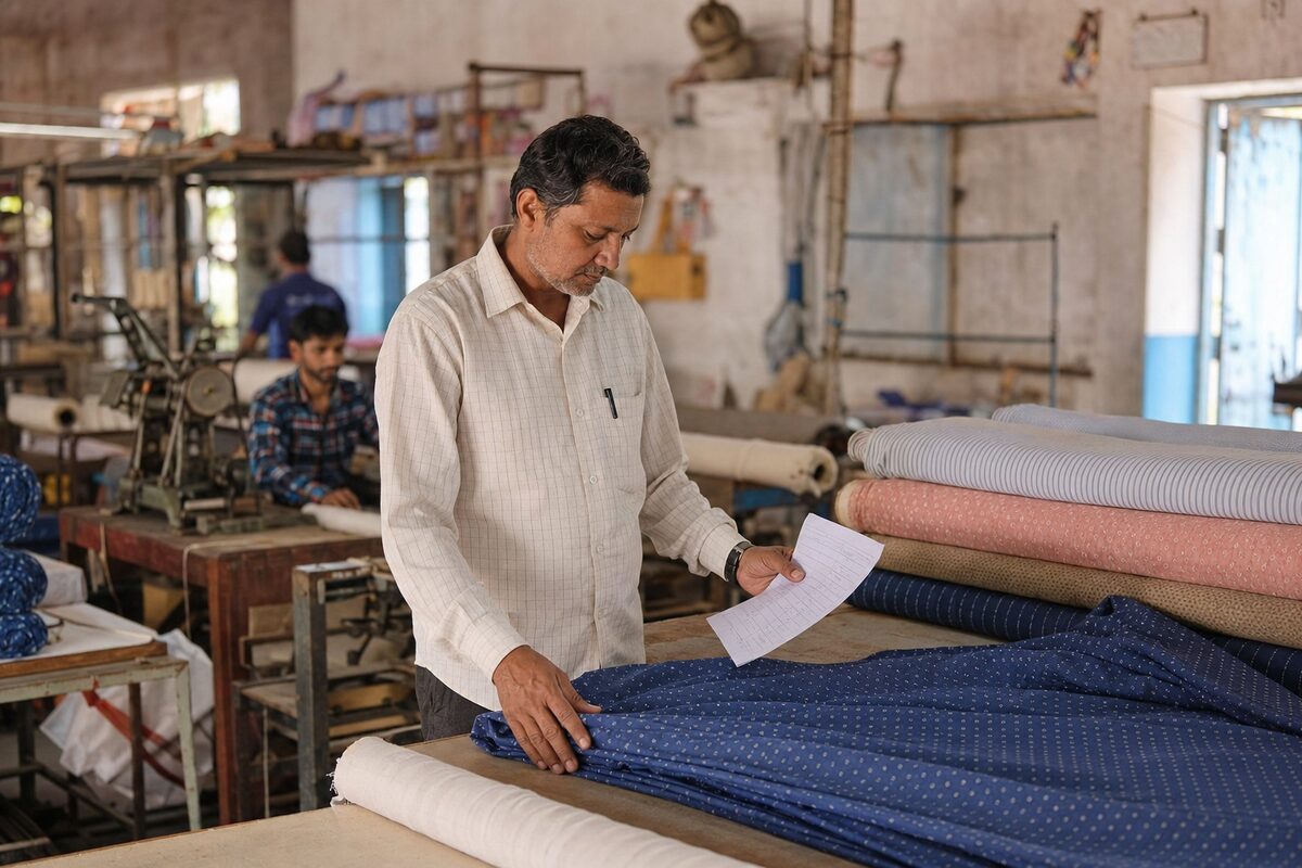 A textile workshop supervisor checking a production order against rolls of fabric.
