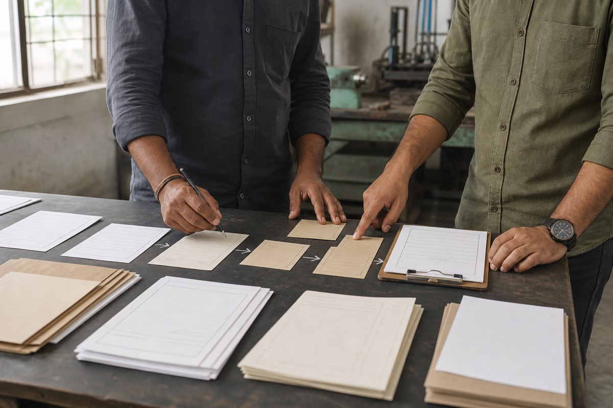 Two people mapping a paper process together on a factory worktable.