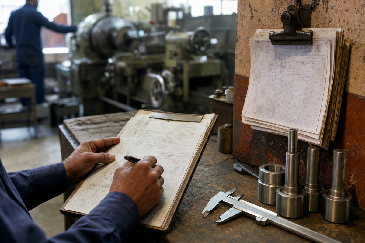 Hands writing a job card at a workbench, with a lathe and machined parts behind.