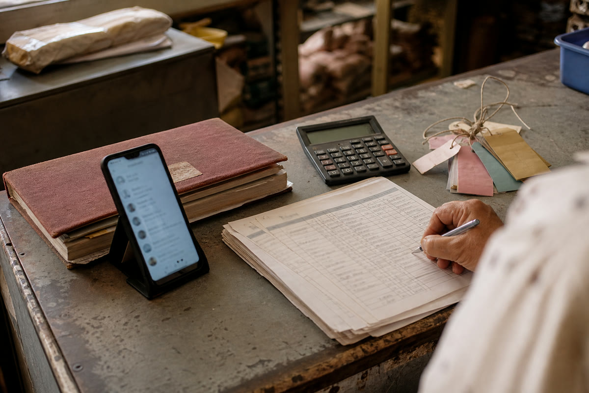 A distributor's counter with a phone showing chat enquiries, a rate list being updated by hand and a calculator.