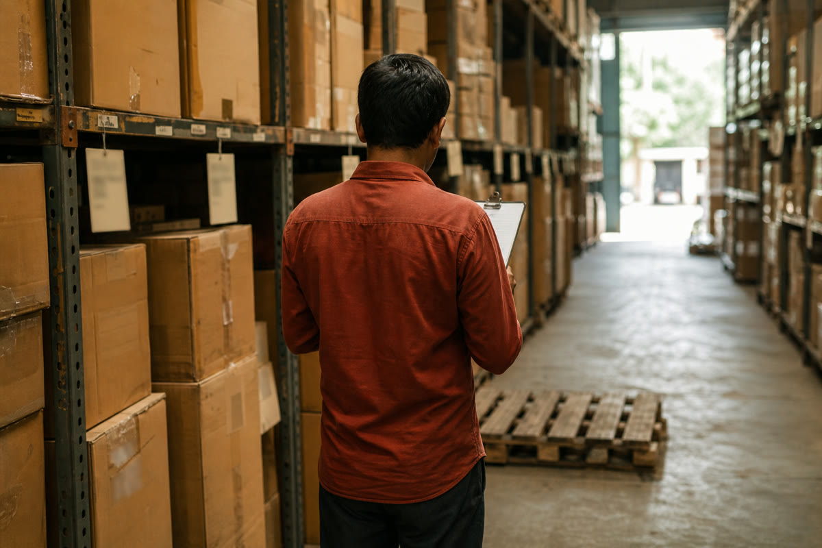 A worker with a clipboard counting cartons on warehouse racking.